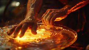 A close-up of an artisan shaping molten glass, showcasing the craftsmanship and attention to detail.